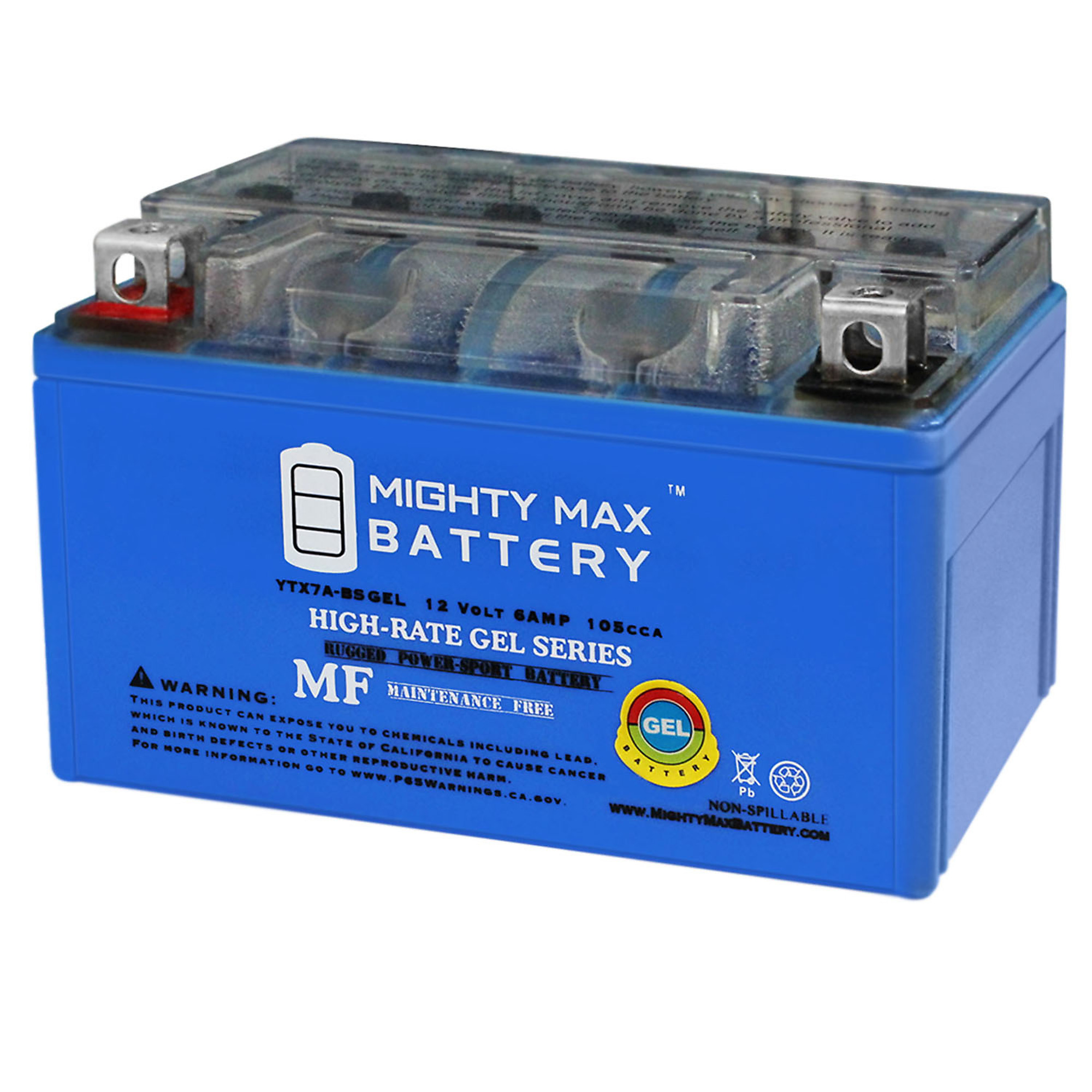 Mighty Max Battery YTX7A-BS GEL — 12V, 6Ah, 105 CCA, Rechargeable Maintenance-Free SLA AGM Motorcycle Battery, Model# MAX3471707
